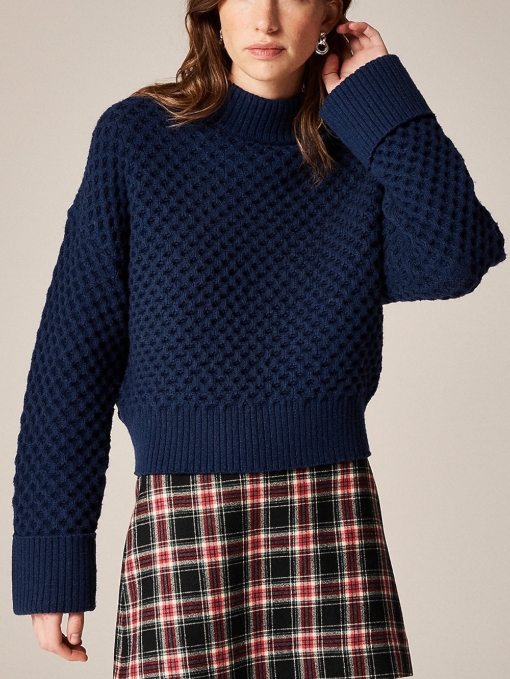 J Crew Honeycomb Mockneck Sweater Chunky Knit Wool Blend Navy Blue Sz Large NWT